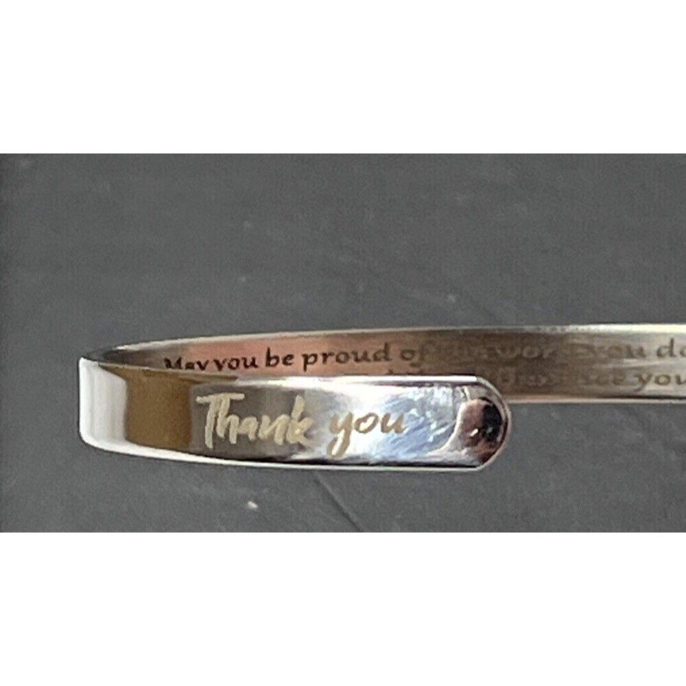 Thank You Bangle Cuff Stainless Steel Silver Open Inscribed Quote Unisex